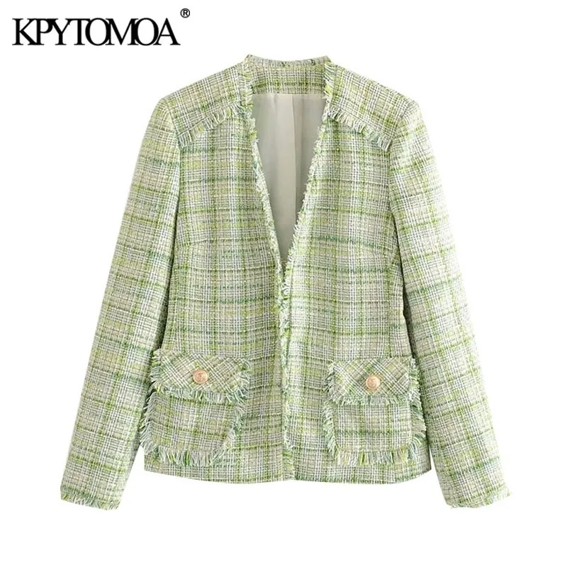 KPYTOMOA Femmes Mode Bureau Porter Garnitures Effilochées Tweed Blazer Manteau Vintage À Manches Longues Poches Femme Survêtement Chic Tops 201201