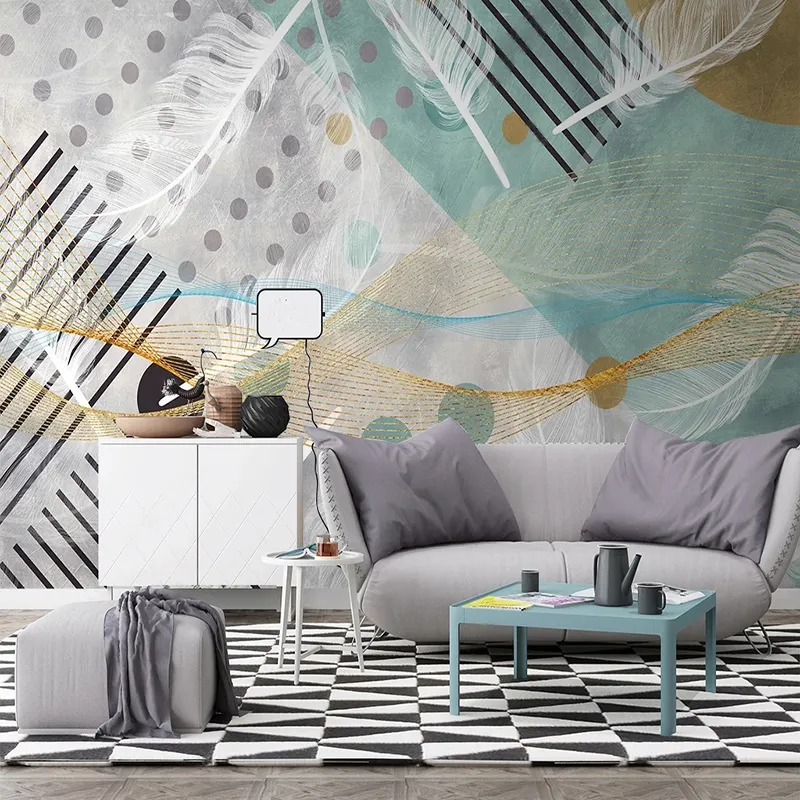 カスタム壁画の壁紙ノルディックモダンな抽象的な3 d幾何学的な羽毛フレズコリビングルームテレビの背景壁の装飾パペルデパーテ