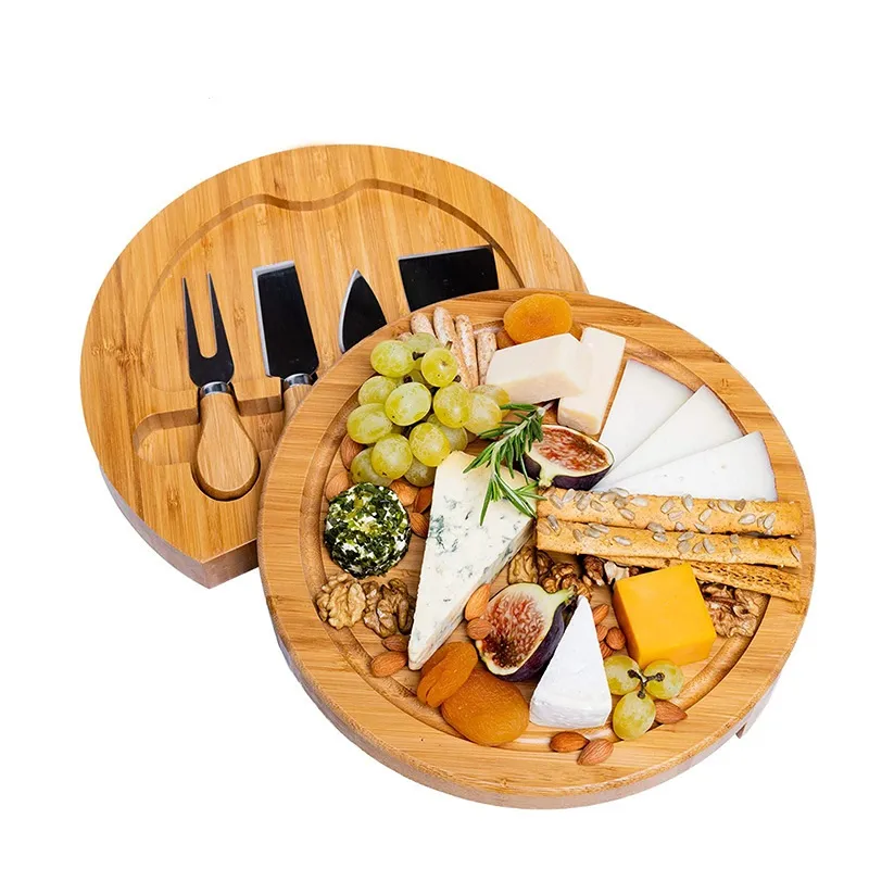 Bamboo Cheese Board and Knife Set Round Charcuterie Boards Swivel Meat Platter Holiday Housewarming Gift Kitchen Tools