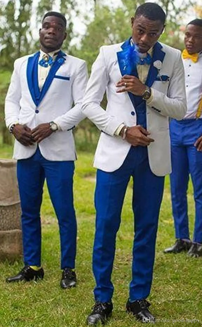 Royal Blue Peak Lapel Män Passar Bröllop Groomsmen Tuxedos 3 Piece One Button Business Men Blazer Suits (Jacket + Pants + Vest)