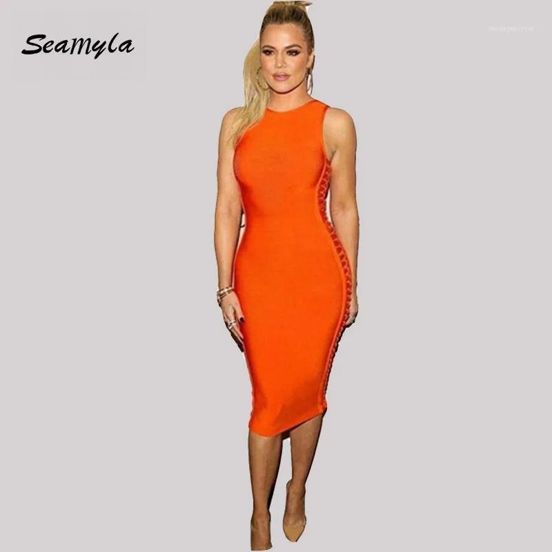 Party Dresses Wholesale- 2021 Summer Vestidos Hollow Out Bodycon Bandage Women Mid Calf Sexy Sleeveless Evening Khloe Kardashian Dress1