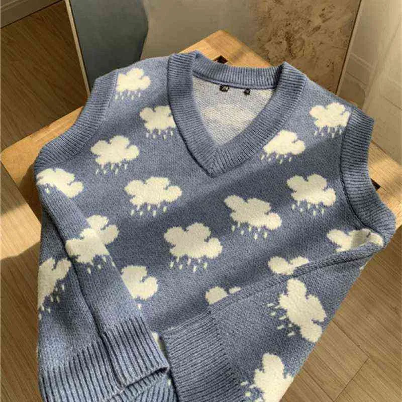 Autumn Knitted Pullover Sweater Vest Women Sleeveless Cloud Print V-neck Sweaters Loose Knit Top Winter Clothes 15990 220104