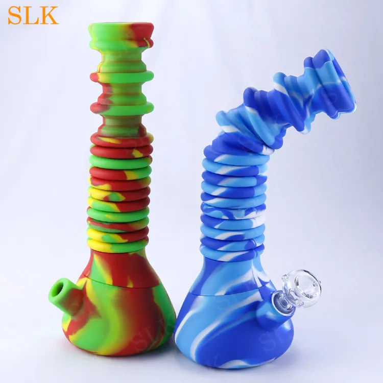 10.24'' foldable water pipe staright bong non fading colorful silicone bongs glass bong dabs rig thick glass bubbler silicone smoking pipes