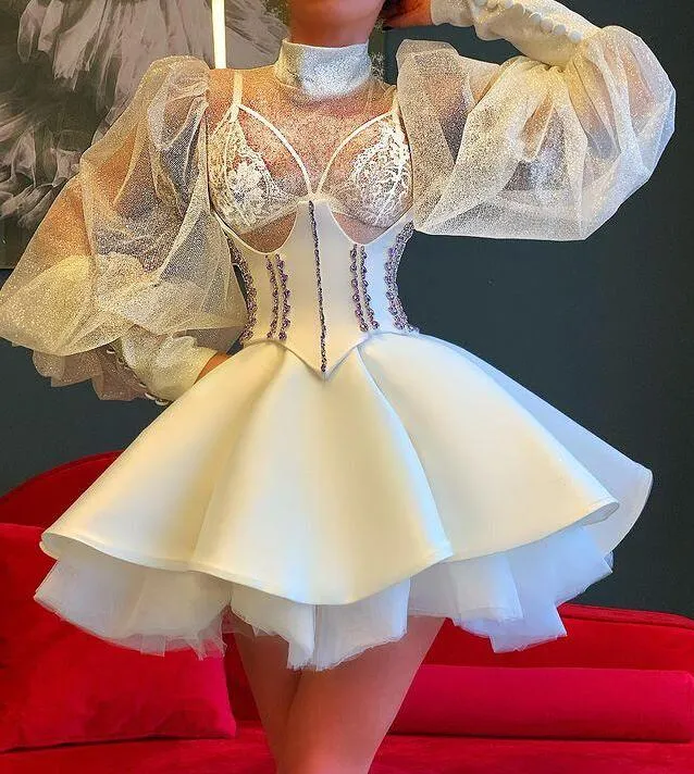 Little White Jurk Hoge Hals Korte Puffy Prom Dresses Illusion Long Sleeve Aso Ebi Arabische Formele Party Receptie Cocktailjurk