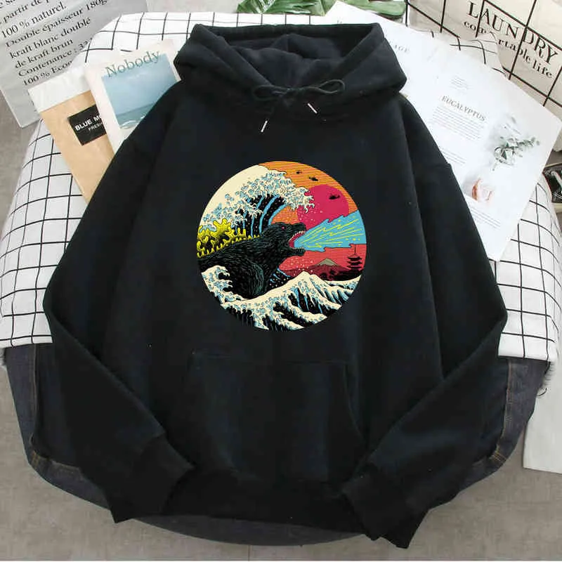 Die Große Welle Druck Hoodies Mann Frauen Casual Lose Fleece Warme Mit Kapuze Pullover Japan Anime Harajuku Vintage Taschen Streetwear H1227