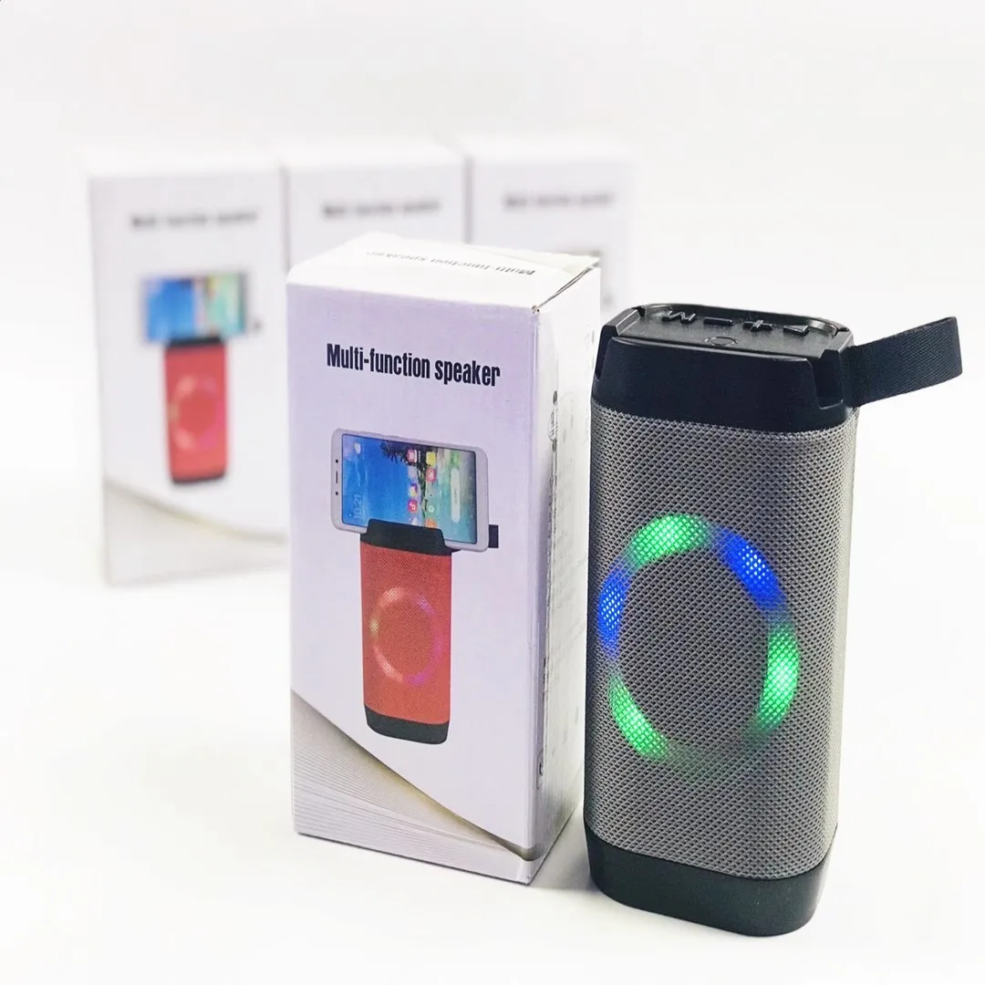 Bluetooth-Mini-Lautsprecher mit Handy-Halterung, tragbarer kabelloser Soundbox, FM-Radio, bunte LED-Leuchten, Stereo-Lautsprecherhalterung