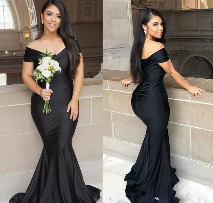 Sereia preta vestidos de dama de honra longa plus size fora do ombro Ruched chão comprimento jardim doméstico de honra festa de casamento vestidos de hóspedes