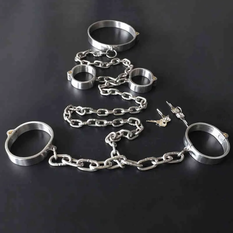 NXY Sex Adult Toy Rvs Hand Enkelboeien Hals Kraag Volwassen Games Slaaf Bondage Hoofdsteunen Metalen Ketting Handboeien Voetboeien Bdsm Fetish1216