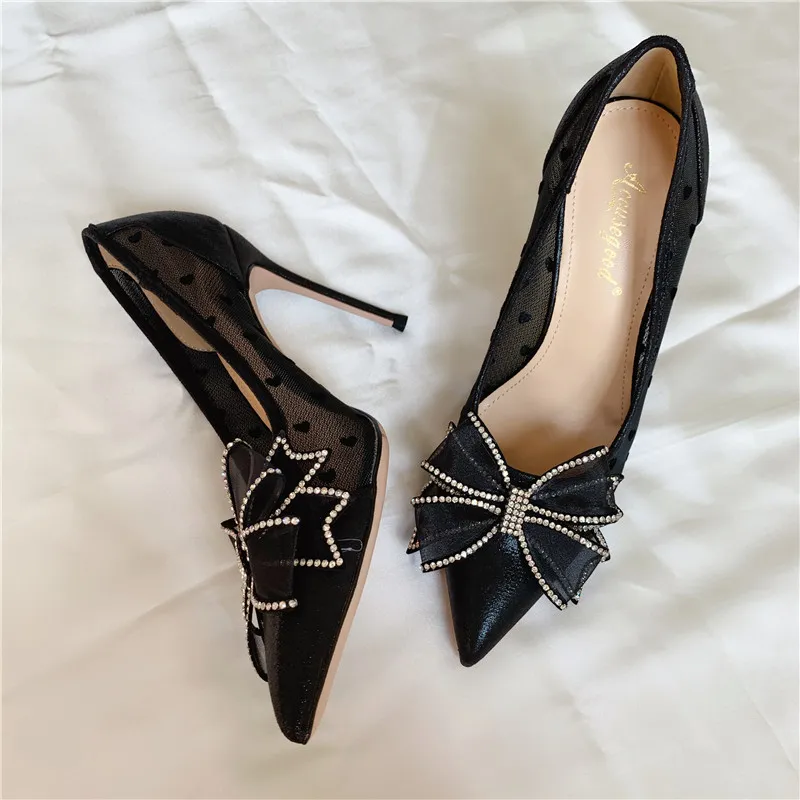 free fashion women black satin leather crystal bow strass pumps for wedding pointed orange sexy high heels shoes 12cm stilettos