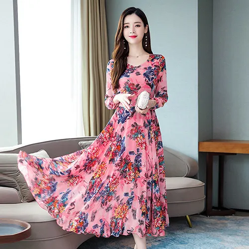 Elegant Long Sleeve Chiffon Dresses: Plus Size Floral Maxi Dress