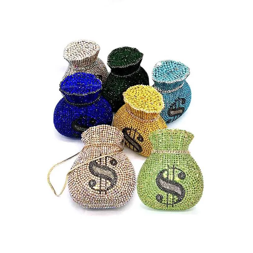 Est Luxury Women Evening Party Designer Funny Rich Dollar Hollow Out Crystal Brastes Pounds Bace Money Bag 220119