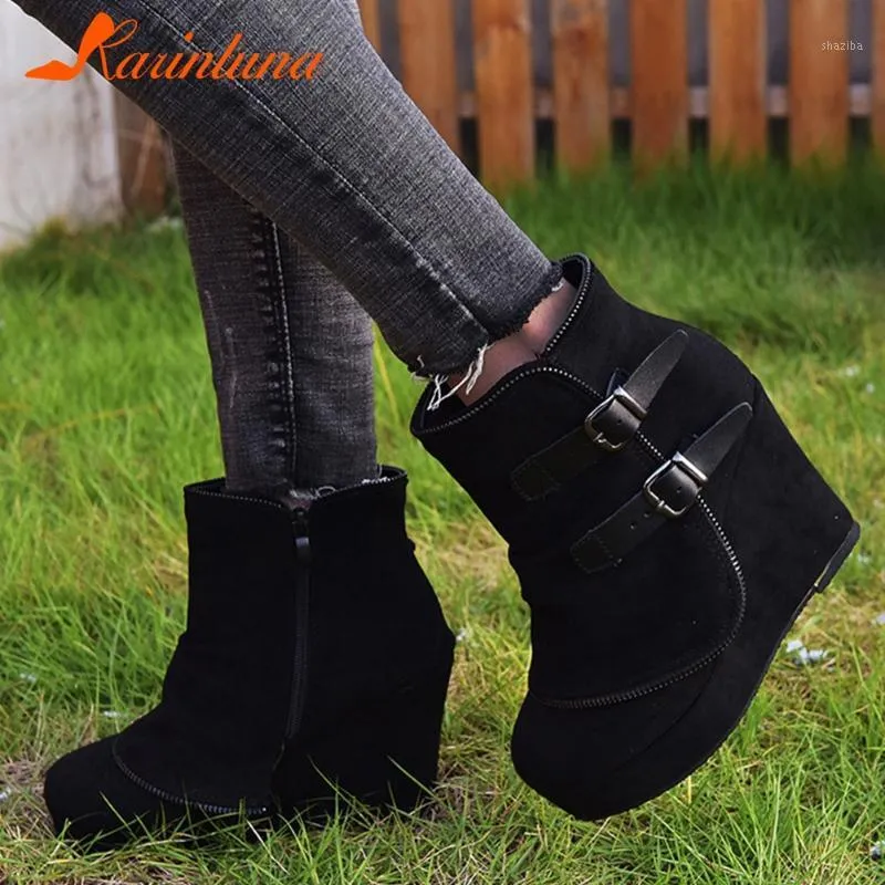 Botas karin 2021 design tamanho grande 43 plataforma mulher tornozelo mulher sapatos zip cima cunha alta salto alto outono senhora feminino1