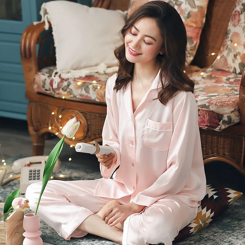White Satin Full Sleeve Pajama Set For Women Imitation Silk