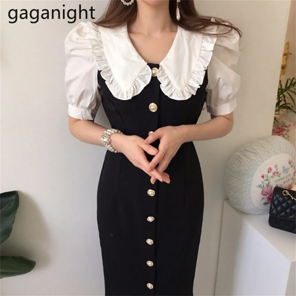 Gaganight Dress Женская мода Питер Пэн Воротник с пышными рукавами Однобортный Тонкий Длинный Vestidos Корейский Шикарный Халат Элегантный Женский LJ200818