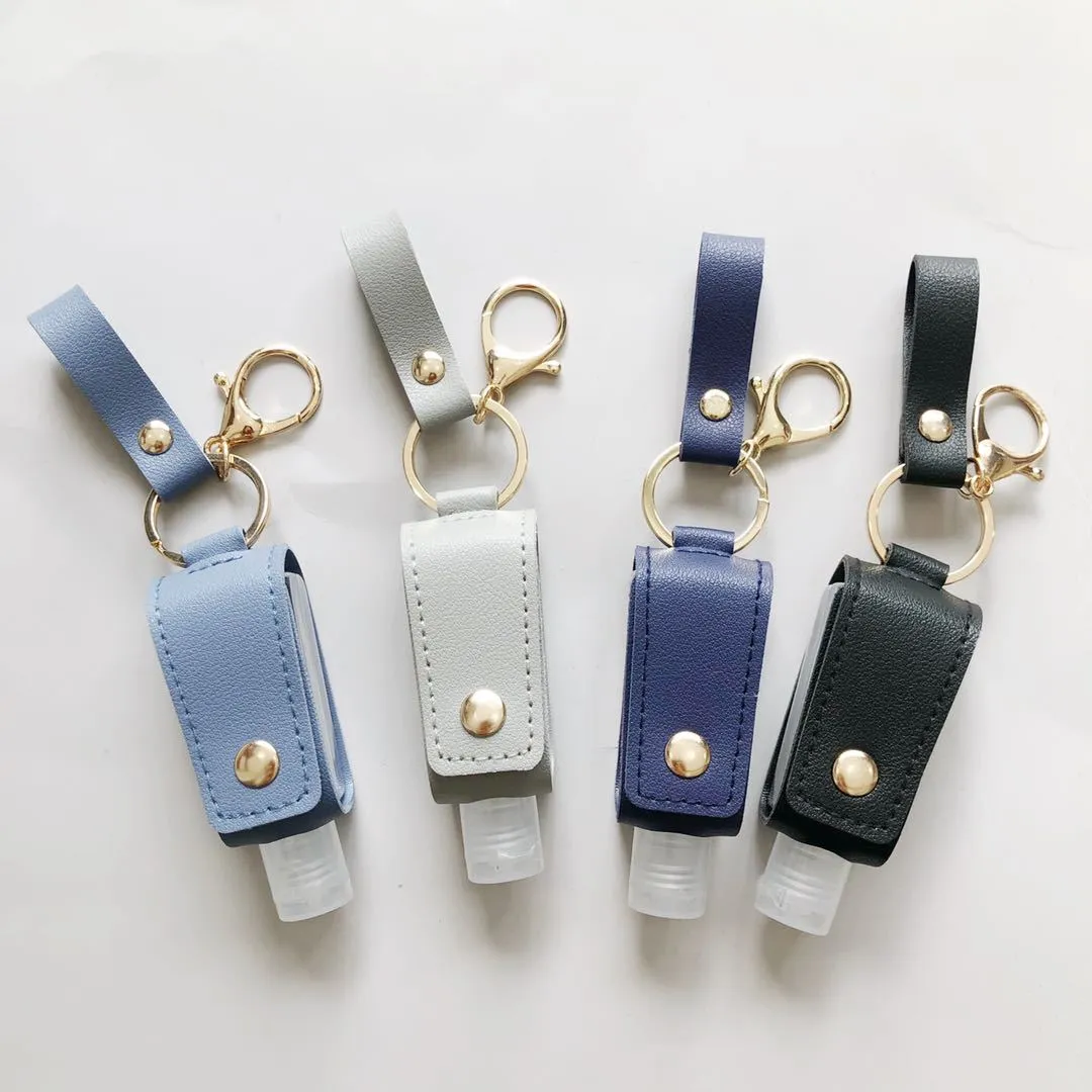 8 Color Hand Sanitizer Holder PU Leather Keychain Bag 30ML Travel Bottle Holder Liquid Soap Bottle Cover Keyring Refillable Carriers