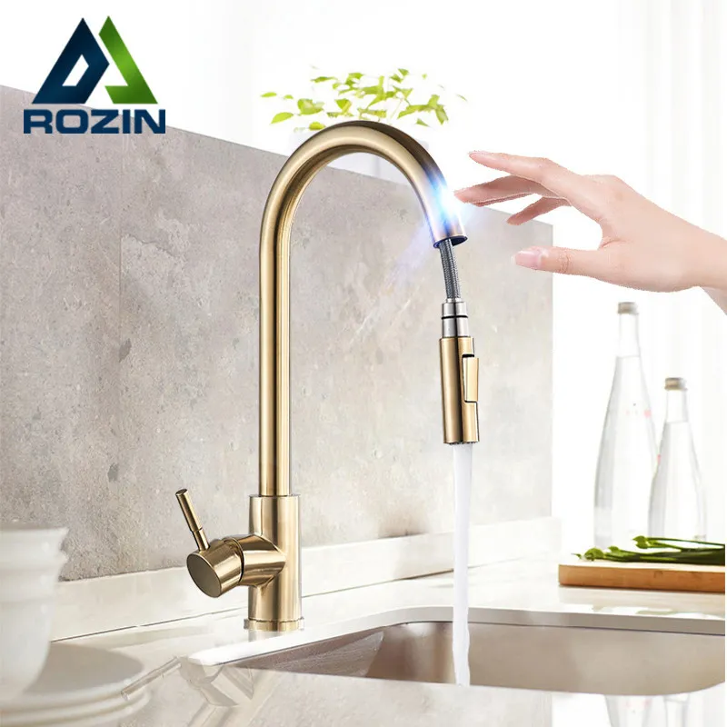 Rubinetto da cucina Rozin Smart Touch Oro spazzolato Poll Out Sensor Rubinetti Nero / Nichel 360 Rotazione Gru 2 Rubinetti miscelatore acqua uscita T200710