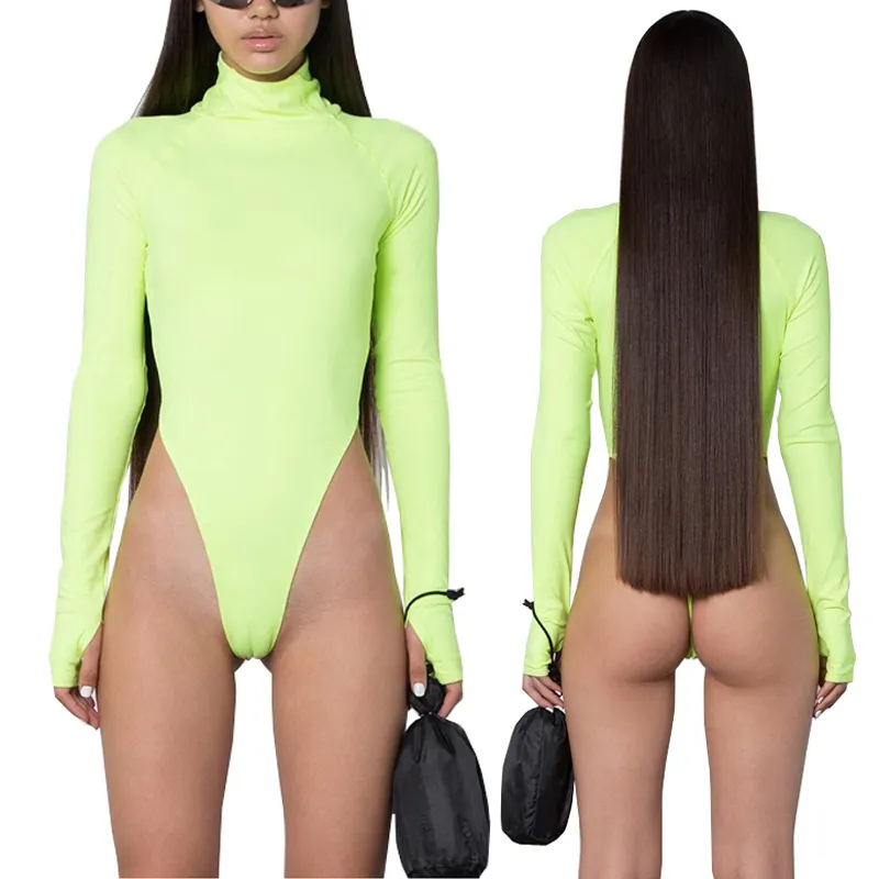 Bahar Siyah Floresan Yeşil Balıkçı Yaka Uzun Kollu Bodysuit Kadınlar Yeni Bodycon Tulum Skinny Yüksek Kesip Tanga Bodysuits 2XL T200702