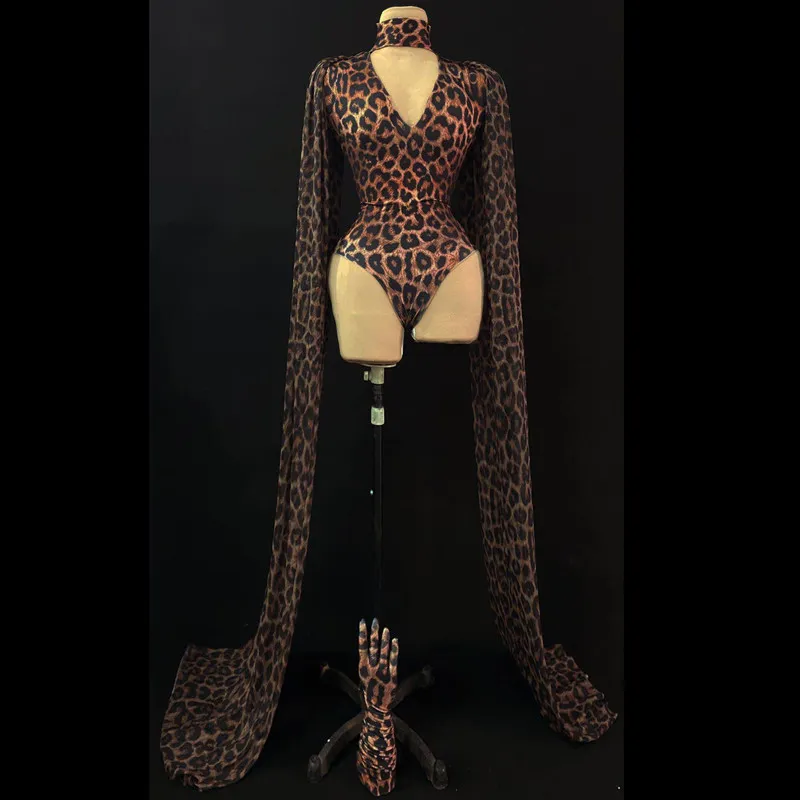 Seksi leopar baskılı bodysuit v yaka spandex şal eldivenleri parti kıyafeti kadın dansçı şarkıcı gece kulübü bar dj ds performans kostüm