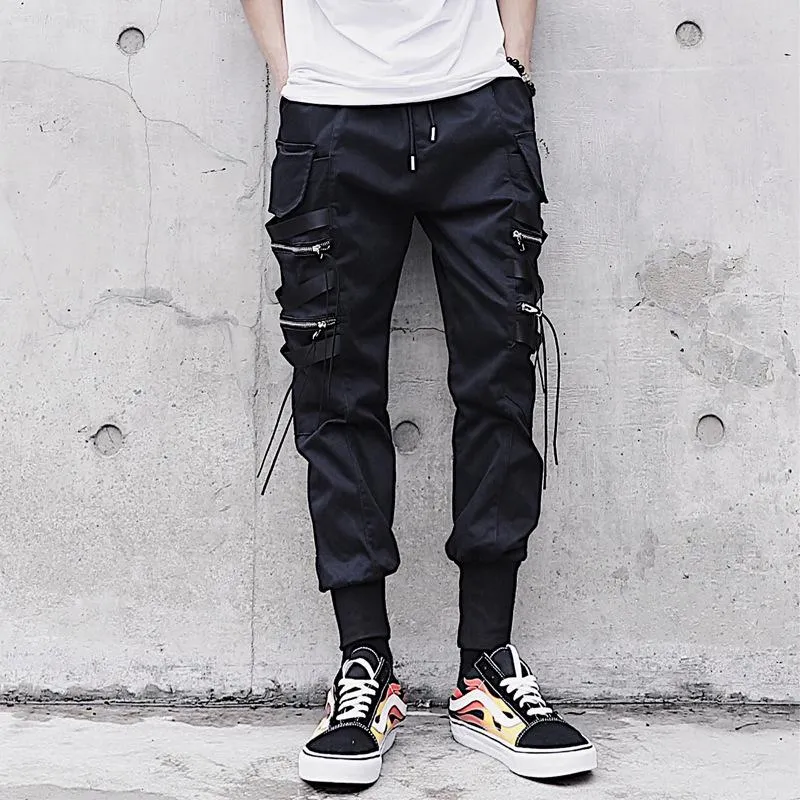 Hip Hop Style Mens Pants Pocket Zipper Decor Solid Black Locomotive Fashion Breathable With Stretchy Spring Autumn Male Trouser