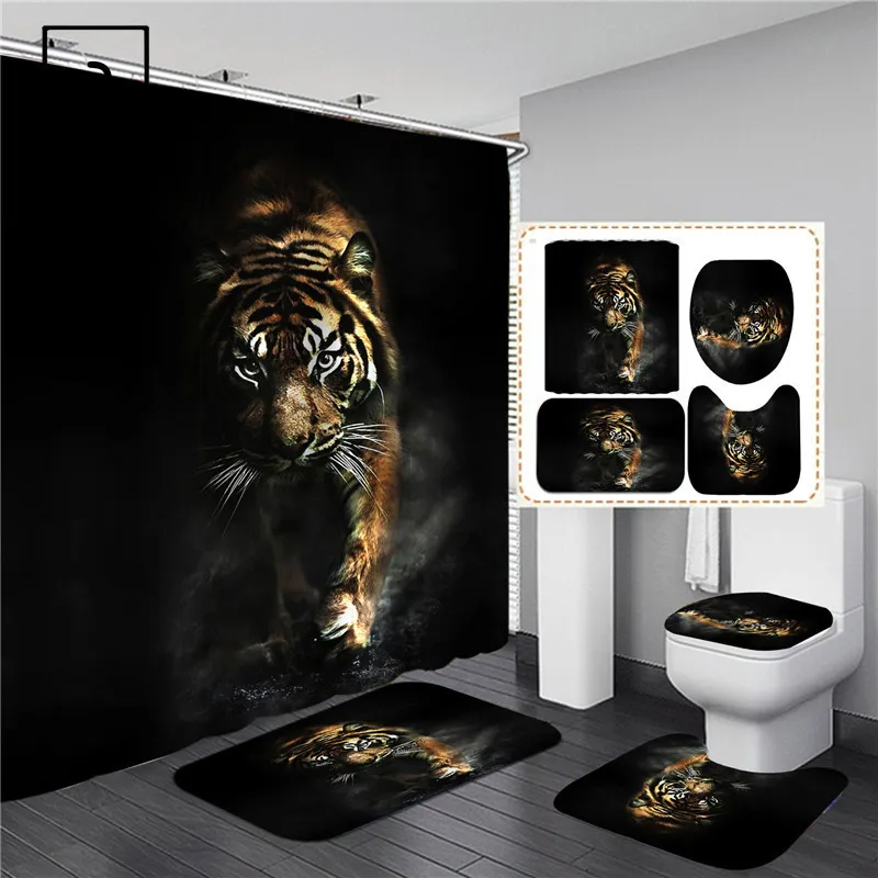 Schwarzer Tiger Tiere Gedruckt Duschvorhang Set Badezimmer Baden Bildschirm Anti-Rutsch-Toilettendeckel Abdeckung Teppich Teppiche Küche Home Decor 201128