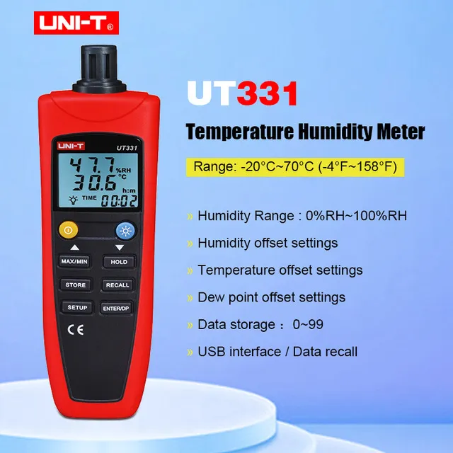 UNI-T UT331 UT332 Termohigrómetro digital Medidor de temperatura y humedad industrial con software de transferencia USB