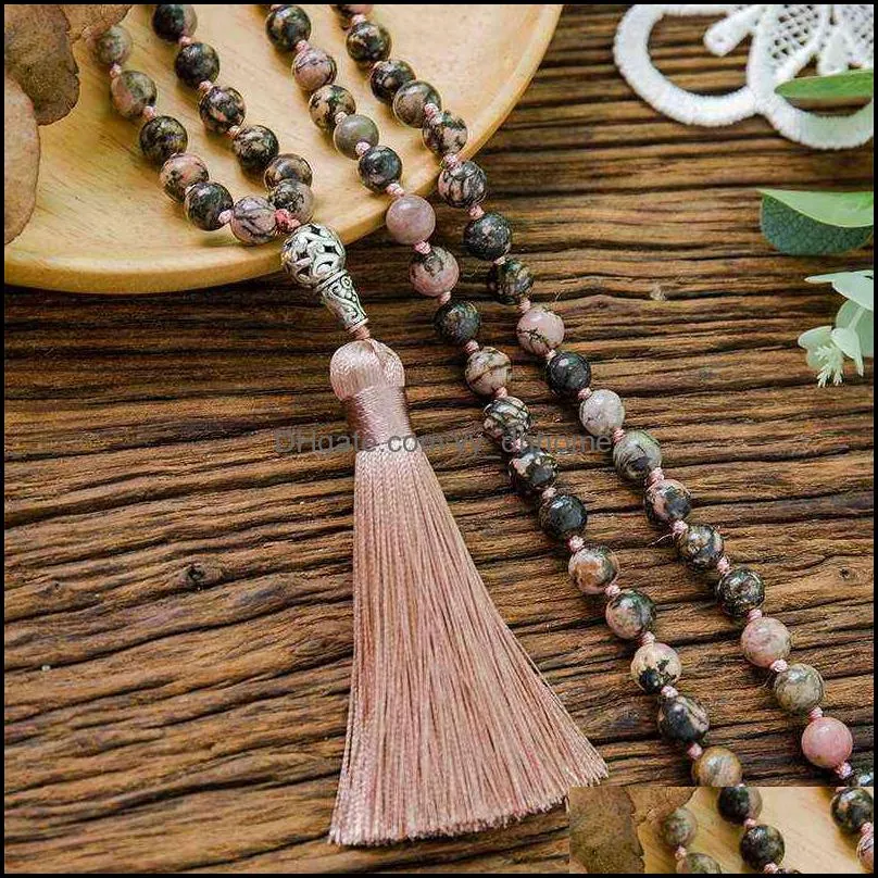 8mm Natural Black Line Rhodochrosite Beads Knotted Necklace Meditation Yoga Blessing Rosary Jewelry 108 Japamala Banquet Pendant