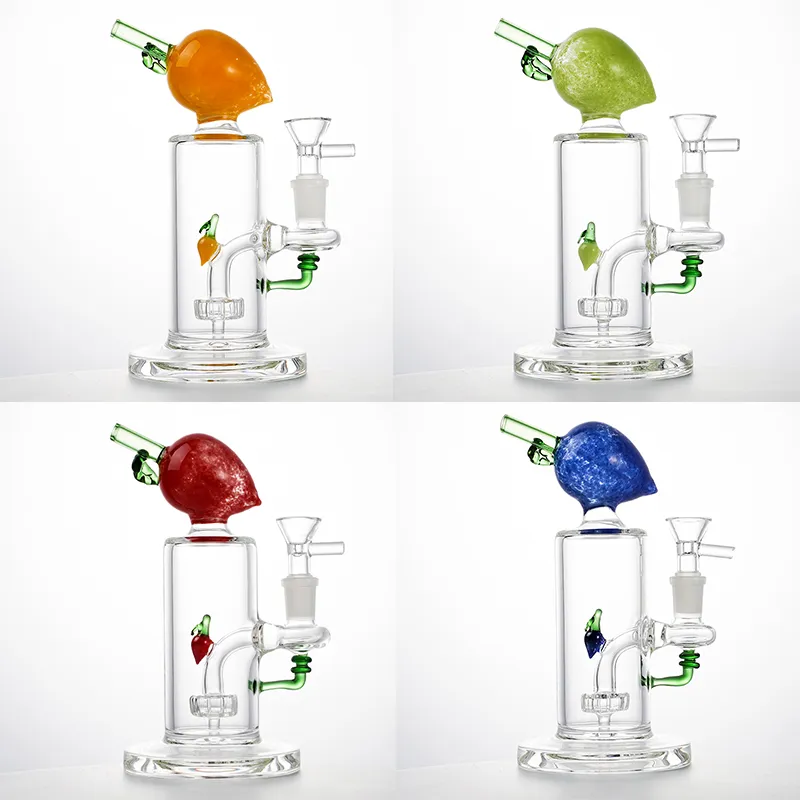 Bunte Pfirsich-Glasbongs, Fruchtform, Wasserpfeifen, gerades Rohr, 14 mm Innengewinde, Glasrohr, Duschkopf, Perc, Rauchöl, Dab-Rigs, Schüssel