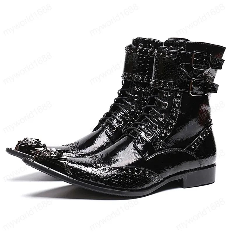 Homem Cinto Punk Calçados Ponthed Toe High-top Sapatos de Motocicleta de Couro de Patente Homens Rebite Botas Longas