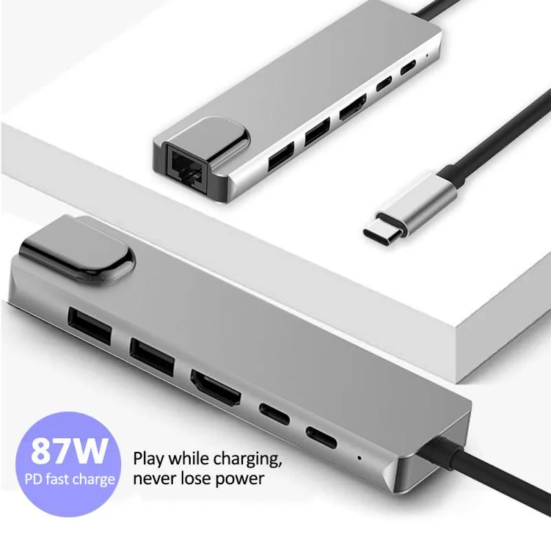 USB-dockningsstation 6 i 1 Typ C till HDTV Multiport Adapter med RJ45 Ethernet PD Laddningsportar Splitter För PC Macbook Bärbara datorer Surfplatta HTC Samsung S9/S8/S10 Type-C HUB