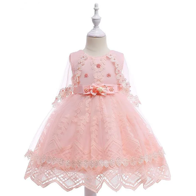 In magazzino Abiti da ragazza di fiori con perline rosa fantasia per matrimoni 3-10Y Abito formale con fiocco per ragazze Elegante abito da ballo in tulle da spettacolo