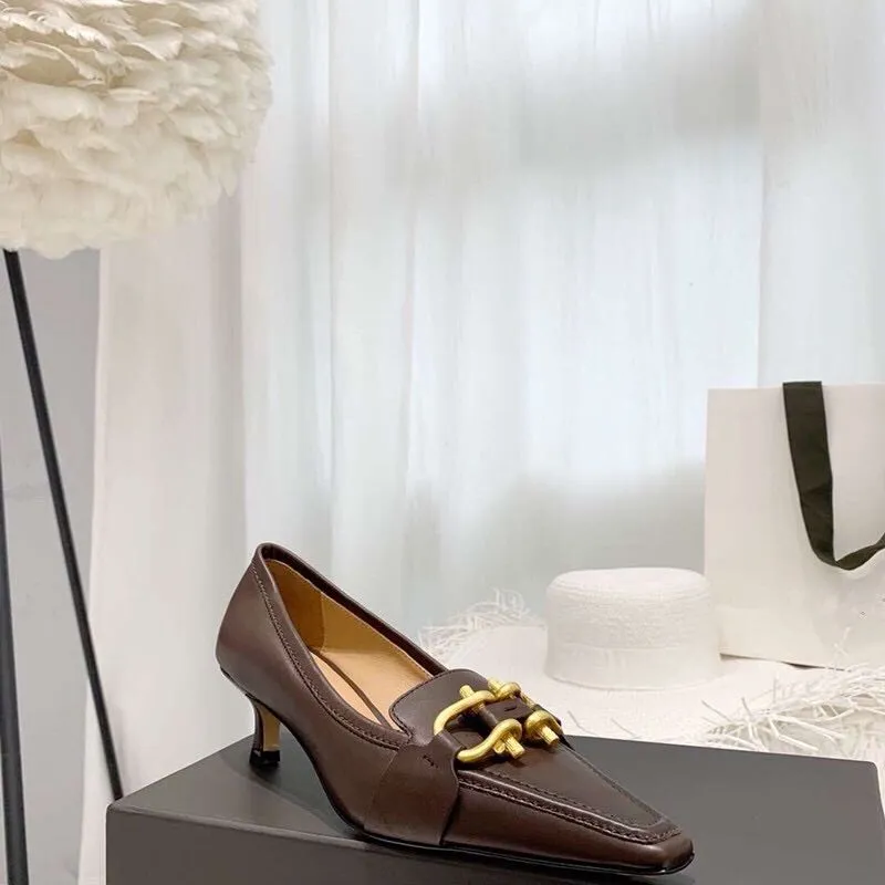 2019120501 40 brown white black buckles kitten heels working shoes ladies fashion pointed 4cm
