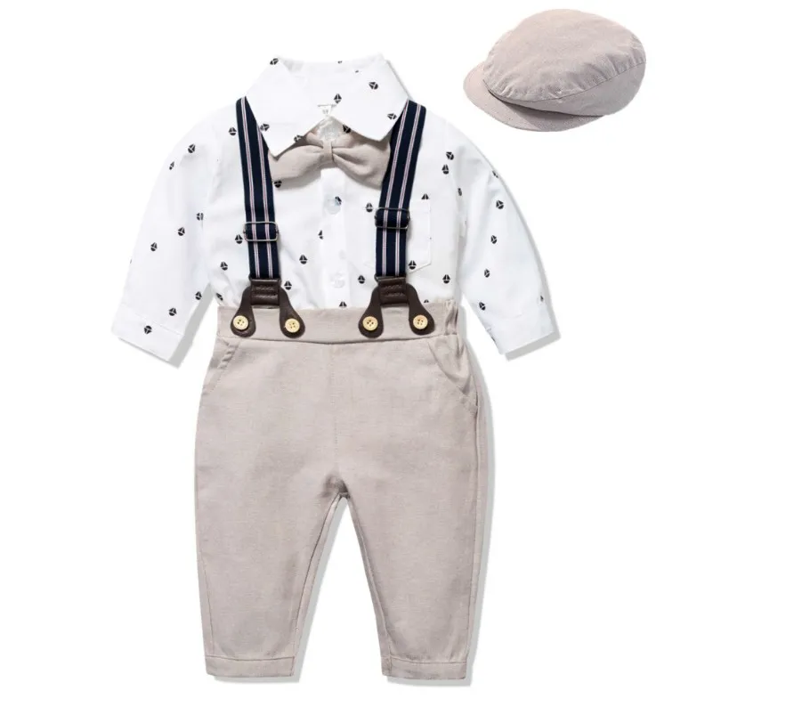 Baby Boys Gentleman Clothing Sets Baby Suit Rompers+Bowtie+Suspender Pants+Hats Set Toddler Bodysuit Infant Clothes