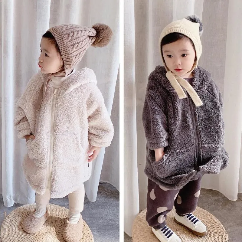 Otoño invierno nuevo color puro lana cálida moda engrosada abrigo con capucha chaqueta larga para lindos dulces bebés y niños 201106