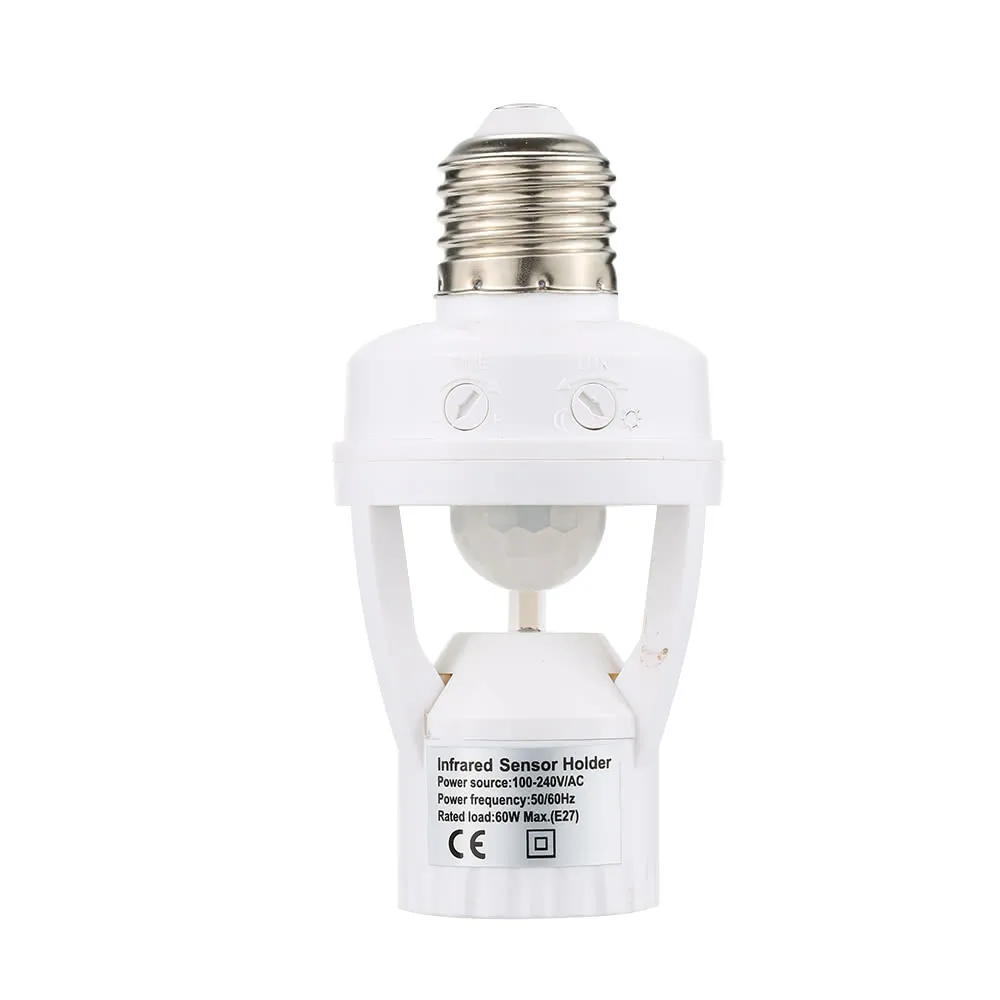 360 Degree Detection PIR Infrared Motion Sensor E27 LED Light Lamp Base Holder Bulb Socket Day & Night 2 Modes