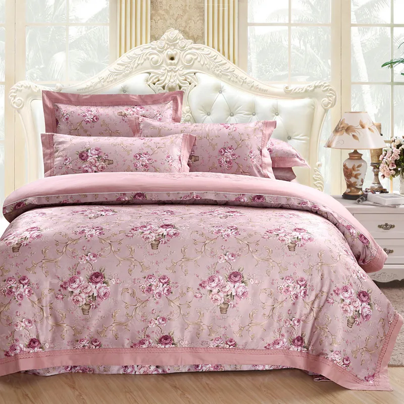 Bedding Roxo Rosa Grupo Rainha King Size Cama / Fitted Folha Set 100% Cama de Algodão Set Capa de Edredão Juego / Ropa de Cama Parure de Lit T200706