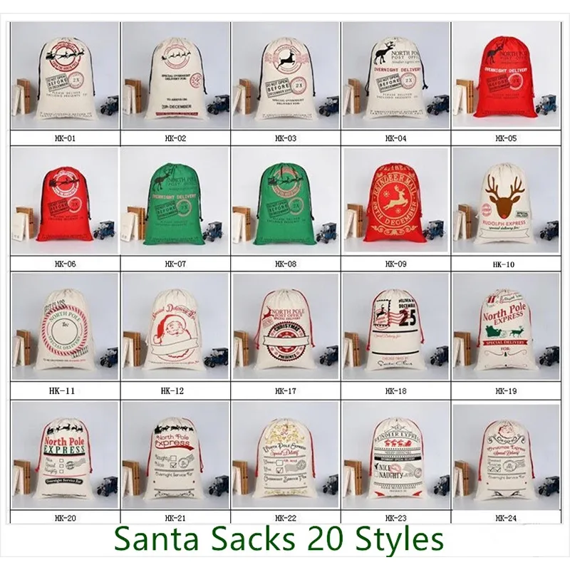 20pcs / lot 32 Styles Toile Santa Sack Sacs-cadeaux de Noël pour la vente en gros Grand Santa Sack Cordon Santa Gift Bag Expédition rapide 201128