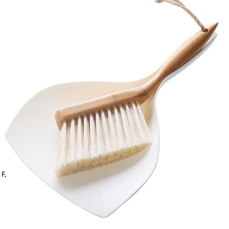 Hand-Held Mini Brush and Dustpan Set White Brushes Broom with Wooden Handle for Table Desk and Sofa RRA11337