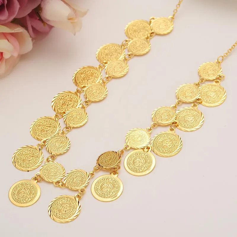 Belly Dance Gold Coin Necklace with Blue Glass Charms