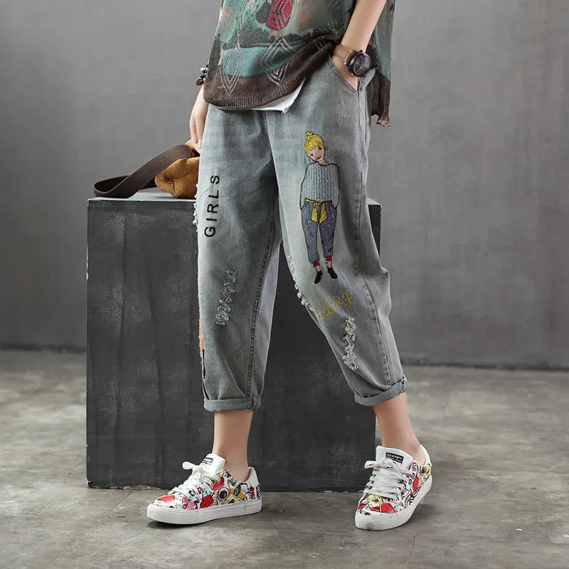 Korea Fashion Spring Women Jeans Cartoon Embroidery Loose Denim Harem Pants Elastic Waist Vintage Hole Calf-length Pants LJ201029