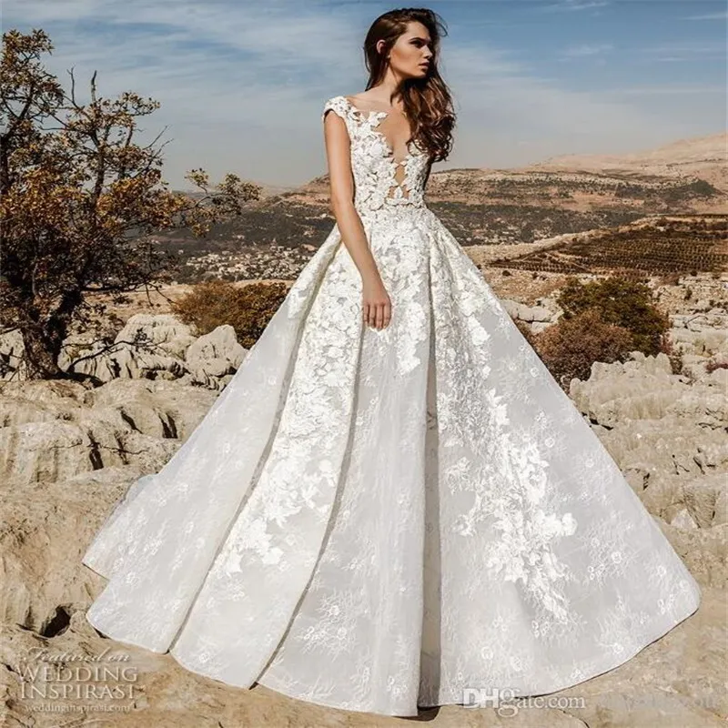 lace wedding dress with cap sleeves and long train Mermaid High-Neck Cap Sleeve Sweep Train Lace Wedding Dress