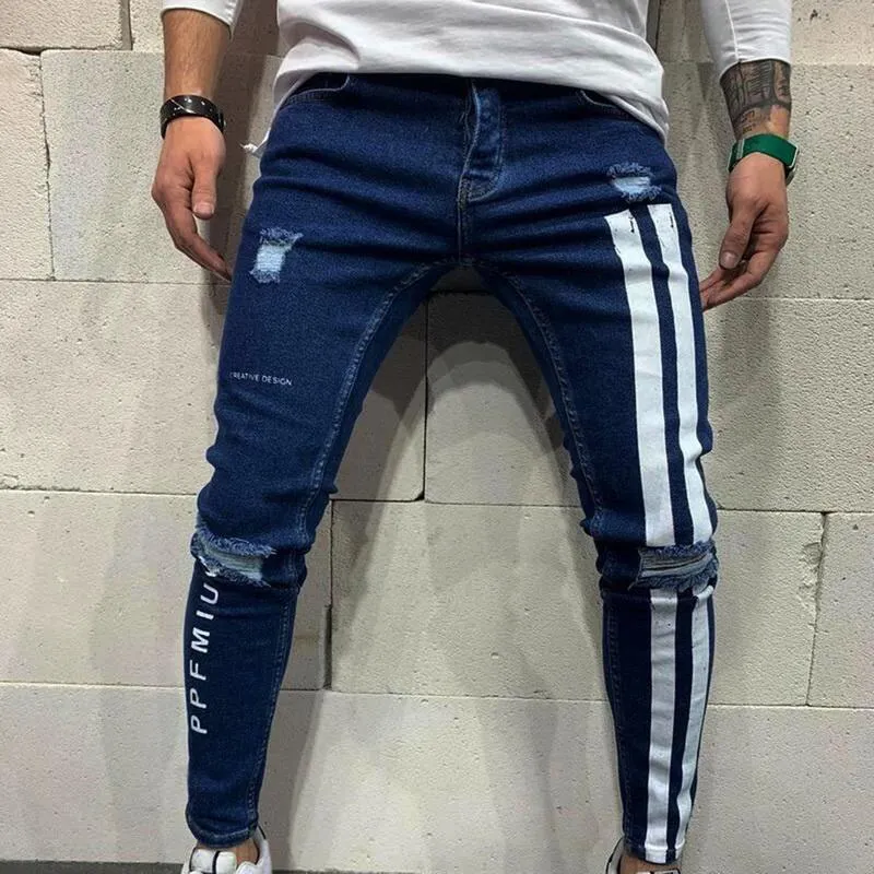 Męskie dżinsy Mężczyźni Skinny Denim Biker Side Striped Mens Ripped Spodnie Zniszczony dziura Porysowany Zipper Slim Fit Jean Spodnie