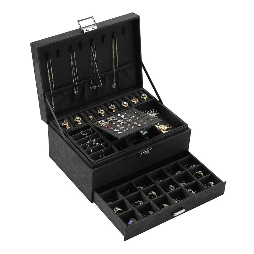 Trzy warstwy czarne aksamitne biżuteria europejska skrzynia do przechowywania duża pojemność Uchwyt wyświetlacza 220309