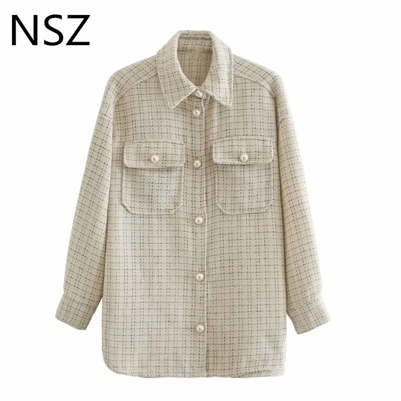 NSZ Kadınlar Houndstooth Tweed Ceket Yün Boylu Ekose Gömlek Ceket Inci Düğme Bluz Ceket Checked Dış Giyim Streetwear Güz 201106