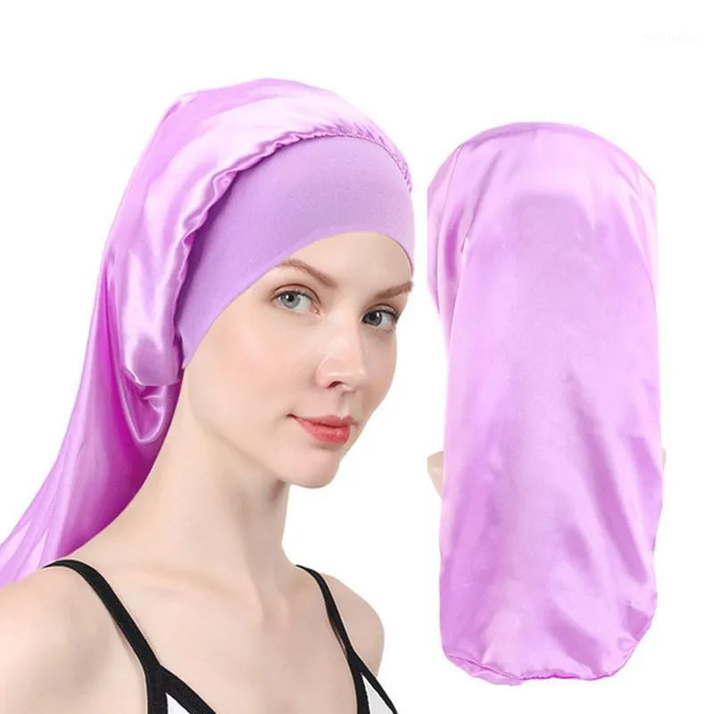 Beanie/Skull Caps Solid Silk Satin Long Wide Band Bonnet Beauty Hair Care Night Sleep Hats For Women Protector1