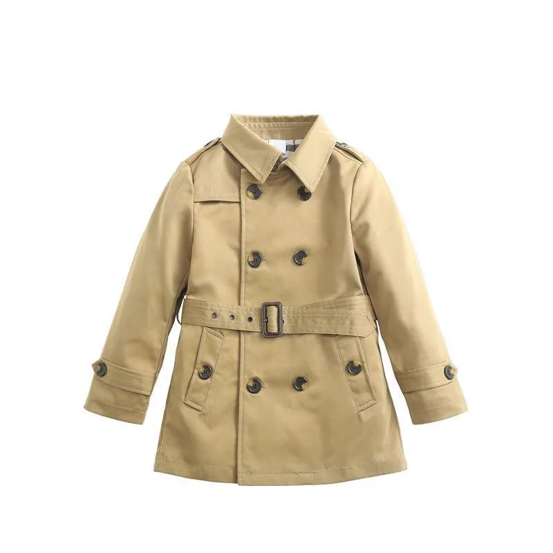 Coat Boy Girl Kläder Vindskyddad Jacka British Double Breasted Windbreaker Down-Down Collar Button Belt Kids Outwear 2020