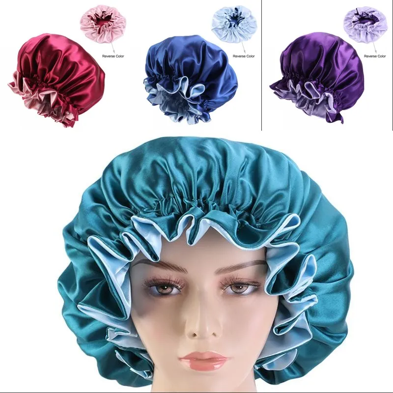 Silk Satin Hair Bonnet Wide Edge Double Faced Monterade hattar Runda Elastiska Dusch Keps Polychromatiska Dam Vuxen Populär 7 45ba G2