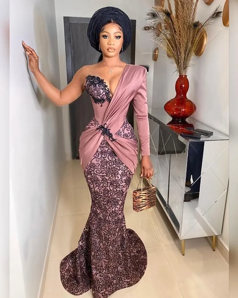 Rose One Shoulder Mermaid Classy Evening Dress With Long Sleeves
