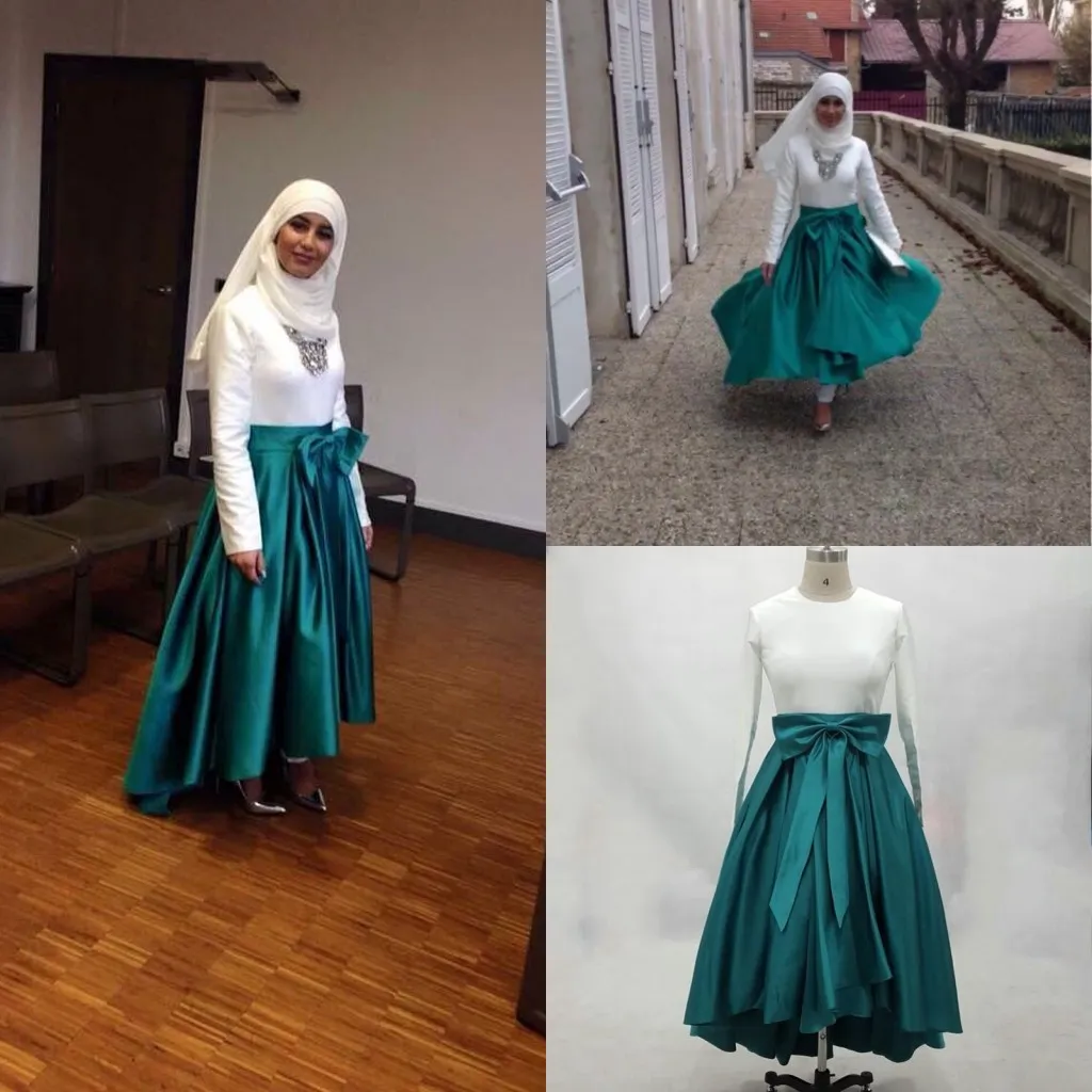 2021 Weißgrüner muslimischer Abend Prom Kleider Hi Lo Langarm Ribbin Bug Juwel Satin Cocktail Party formelles Kleid Brautkleider Gast Gast