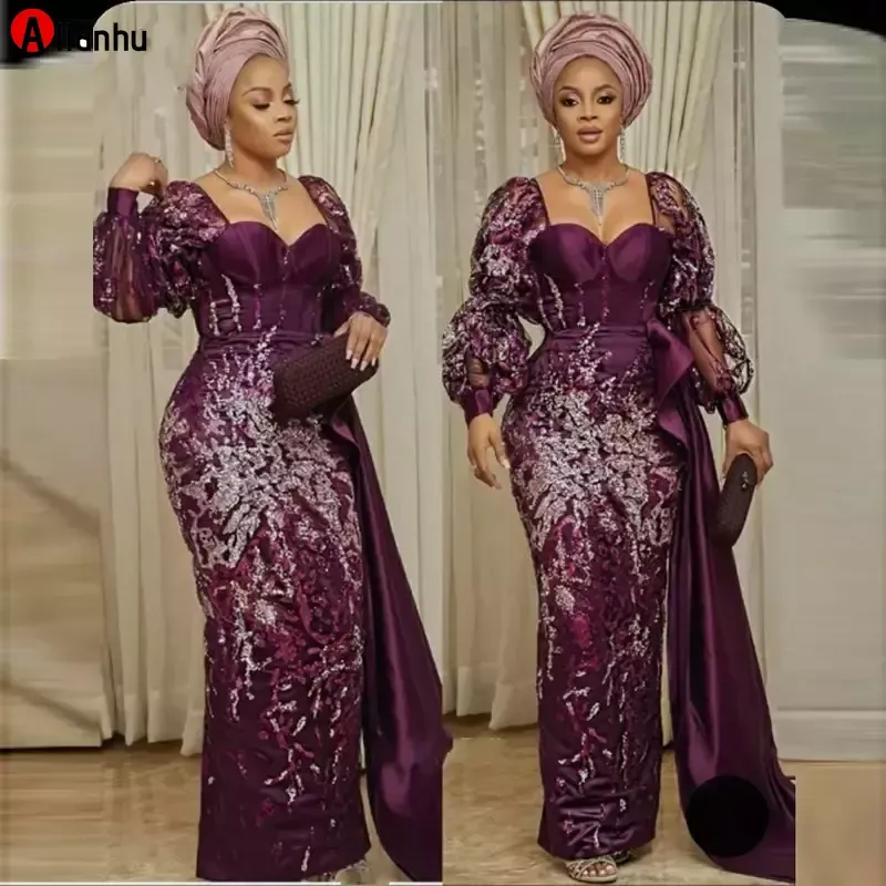 NY! 2022 Dubai African Aso Ebi Evening Klänningar med Sequined Lace Appliques Mermaid Prom Dress Plus Size Women Muslim Party Gowns