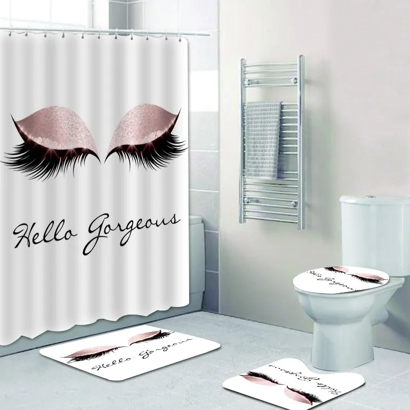 Trendy Rose Gold Eyelash Shower Curtain Set Bathroom Curtain with Bath Mat Rug Carpet for Toilet Glitter Hello Gorgeous Decor 201127